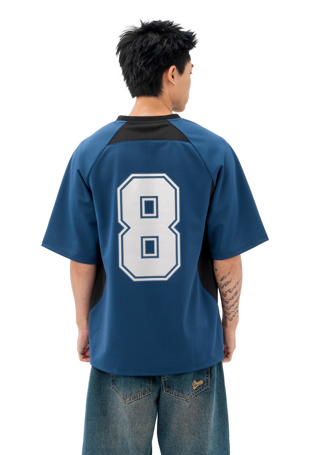 DRUM S. Lucky 8 Patch Reflective Raglan Oversized Tee- Navy