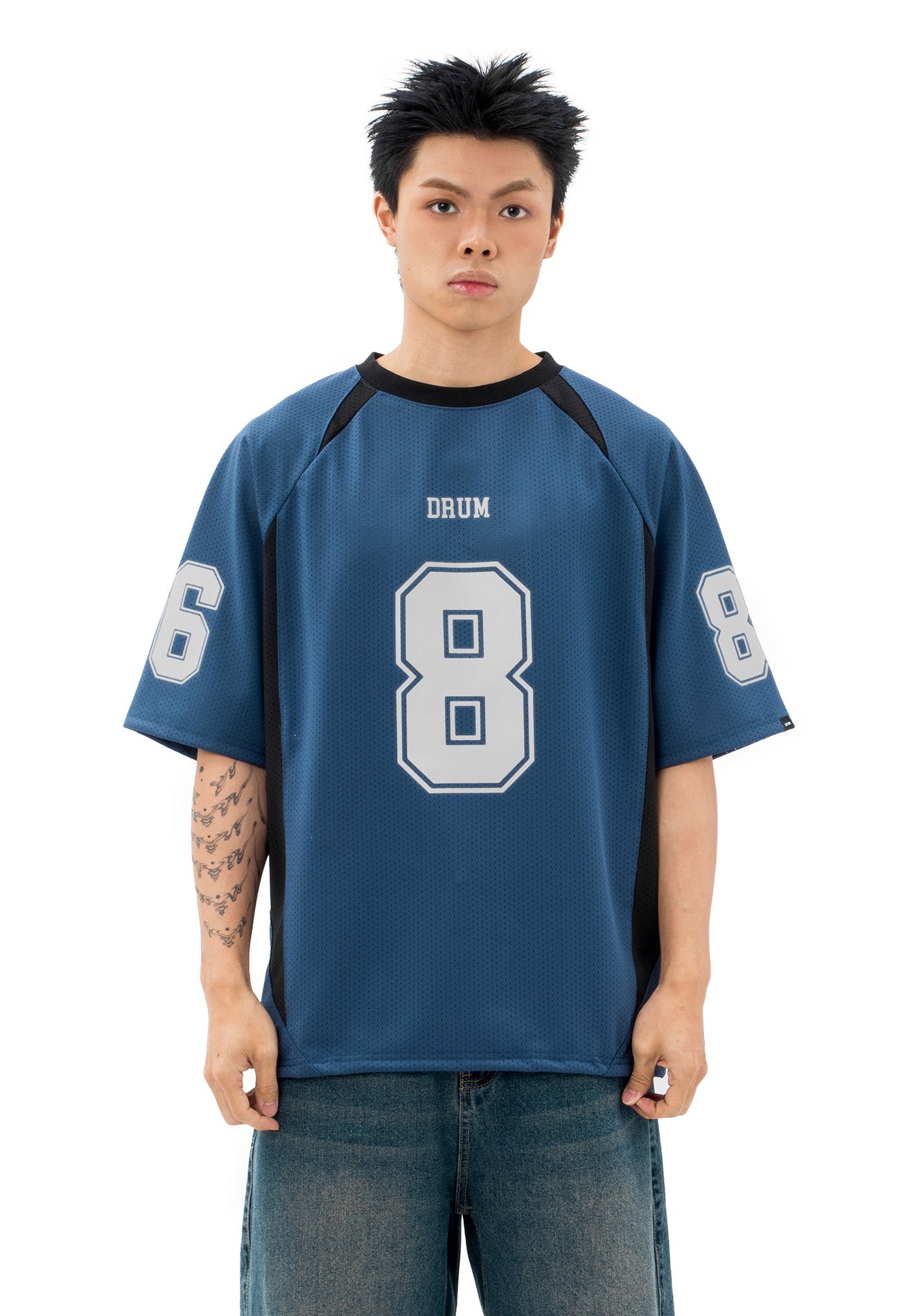 DRUM S. Lucky 8 Patch Reflective Raglan Oversized Tee- Navy