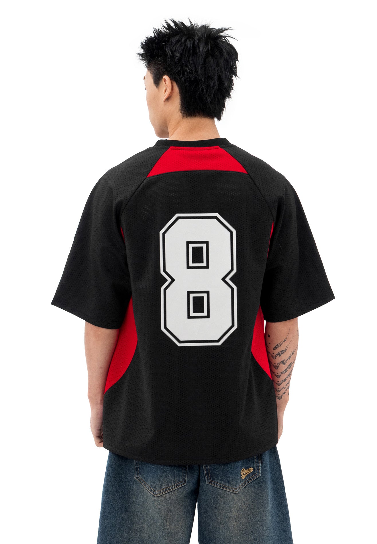 DRUM S. Lucky 8 Patch Reflective Raglan Oversized Tee- Black