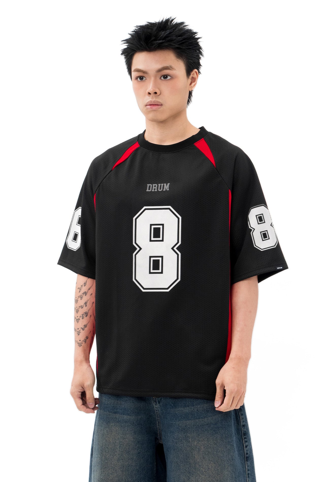 DRUM S. Lucky 8 Patch Reflective Raglan Oversized Tee- Black
