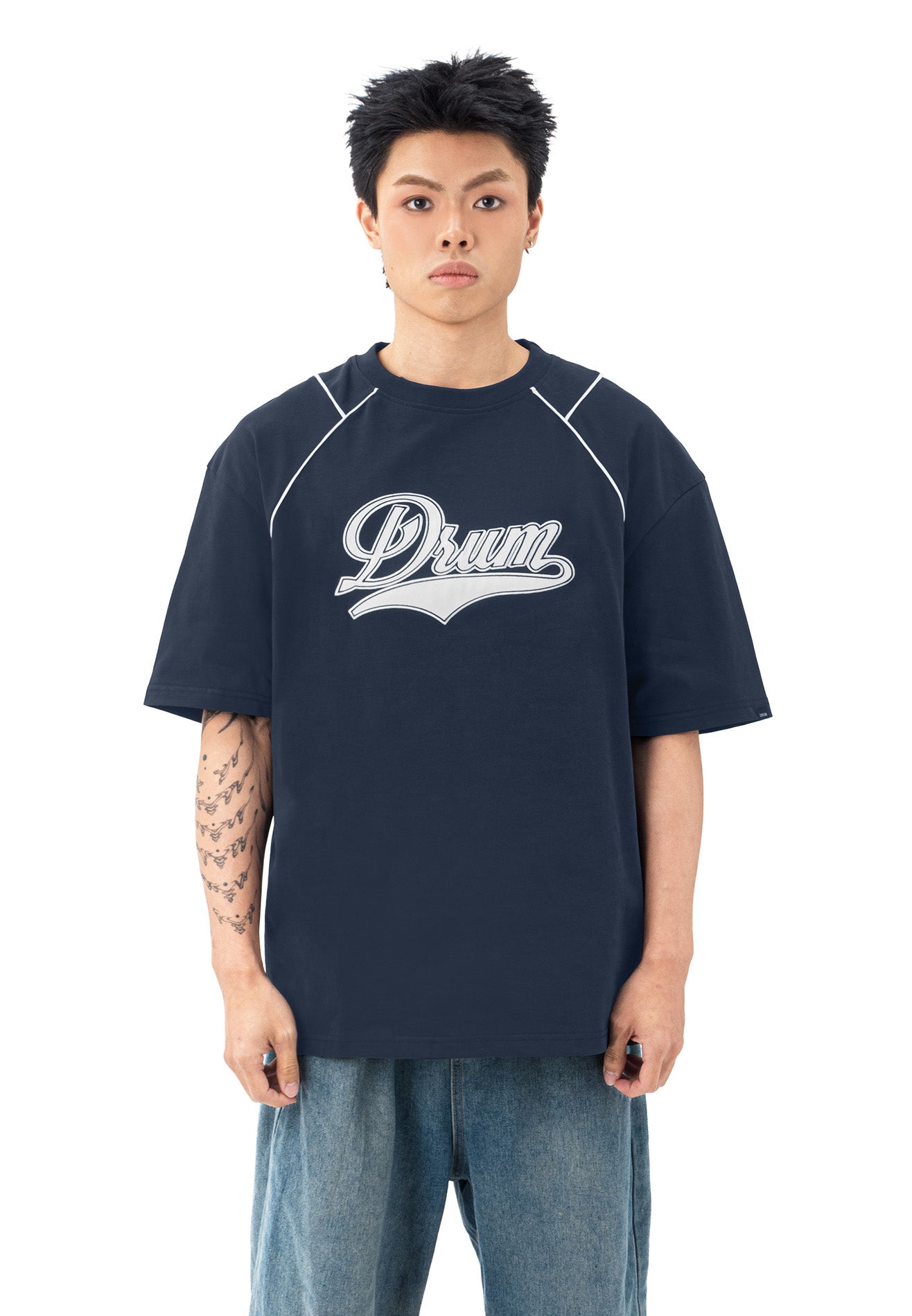 DRUM S. Vertical Slogan Oversized Tee- Navy