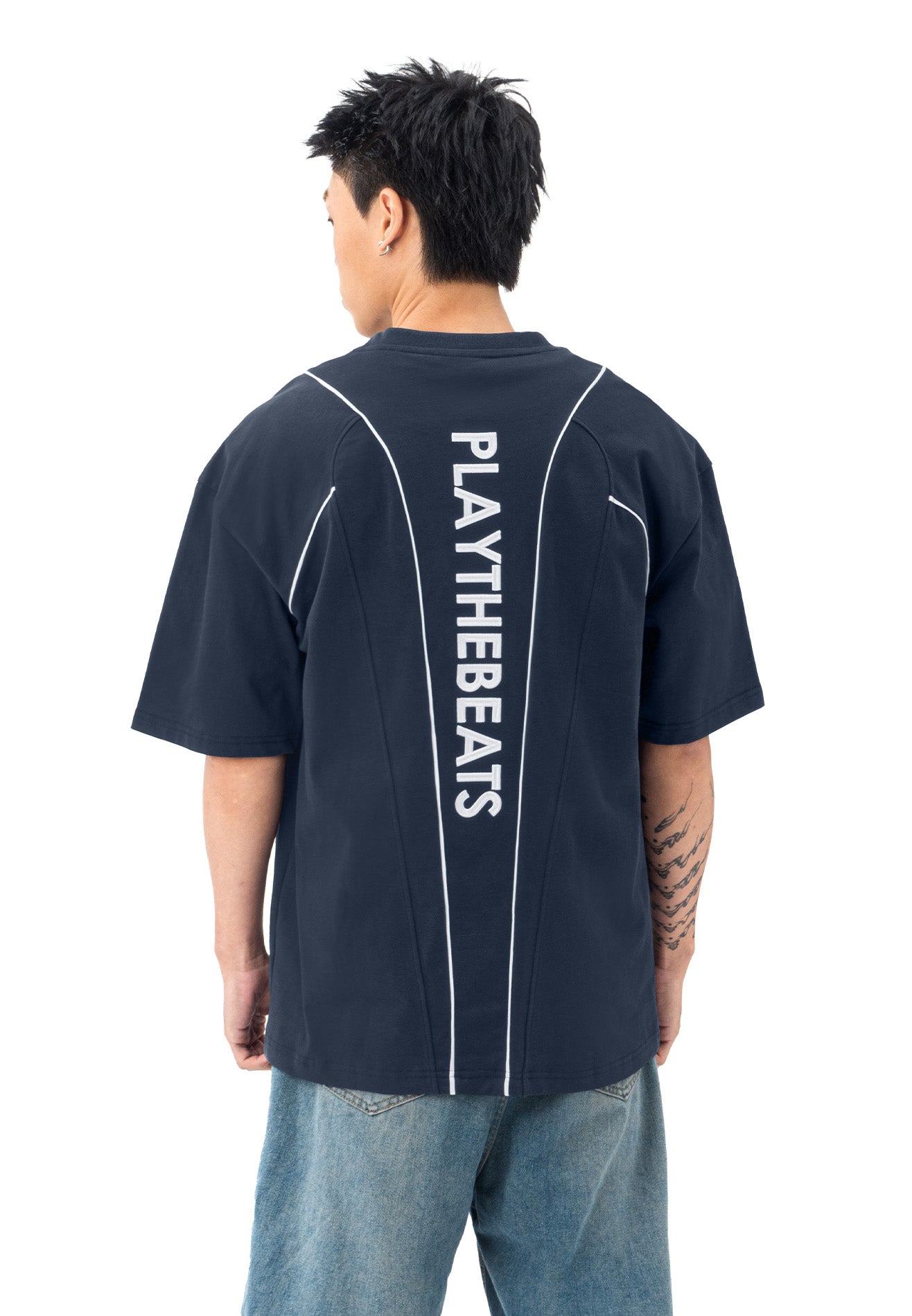 DRUM S. Vertical Slogan Oversized Tee- Navy