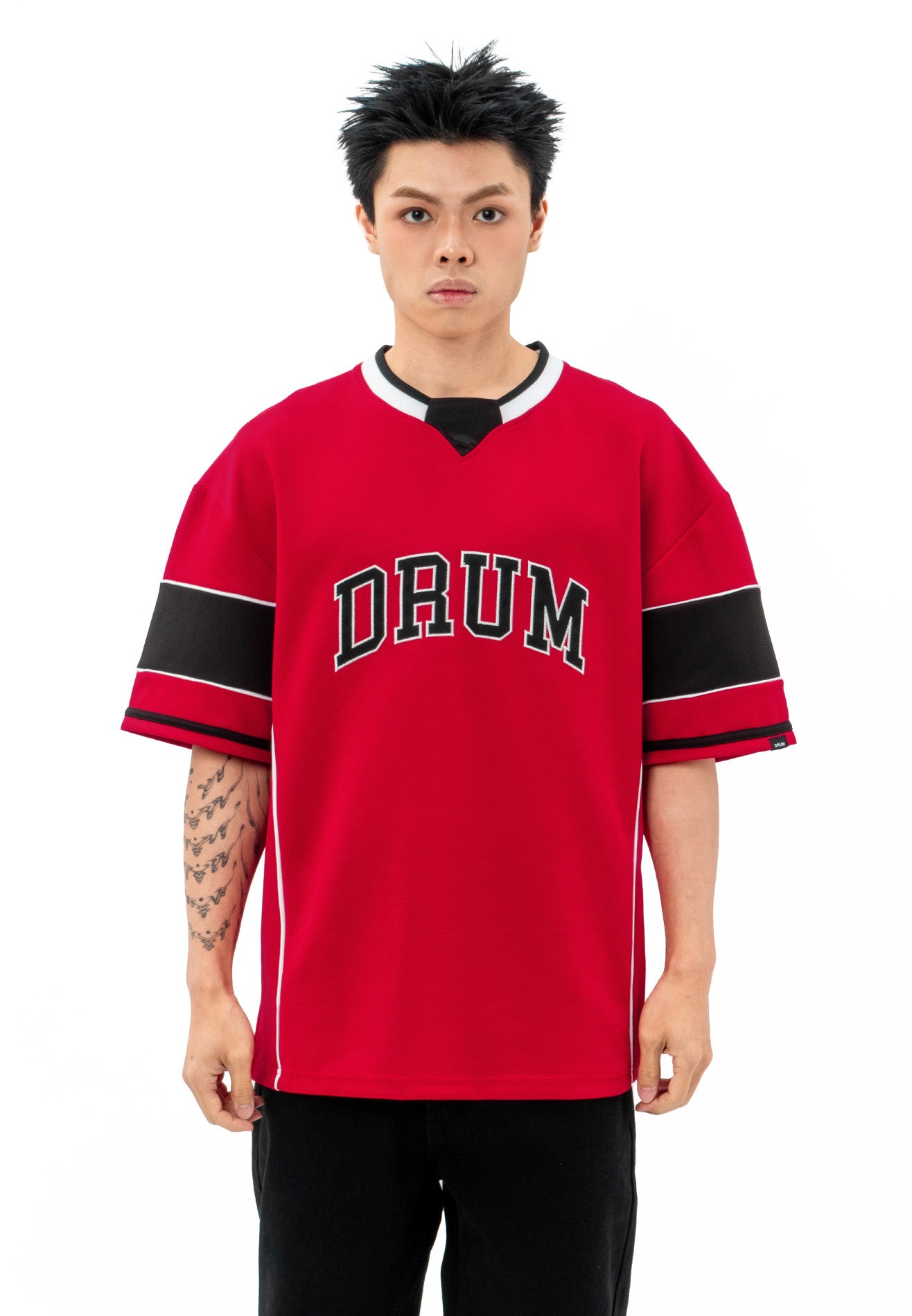 DRUM S. 68 Applique Embroidery Jersey Oversized Tee- Red