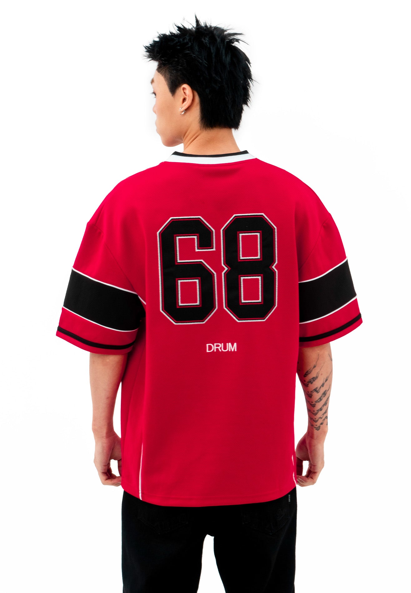 DRUM S. 68 Applique Embroidery Jersey Oversized Tee- Red