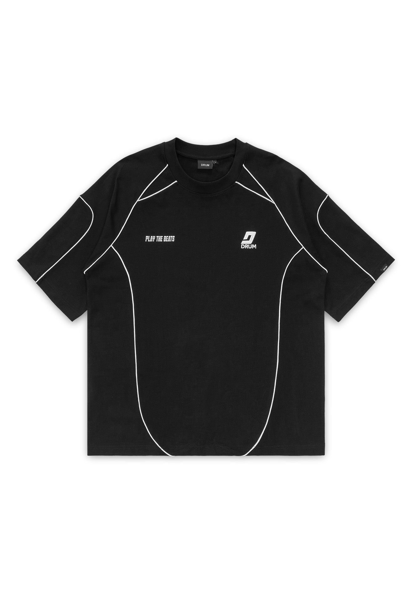 DRUM S. 3D Embroidery Pipping Raglan Oversized Tee- Black