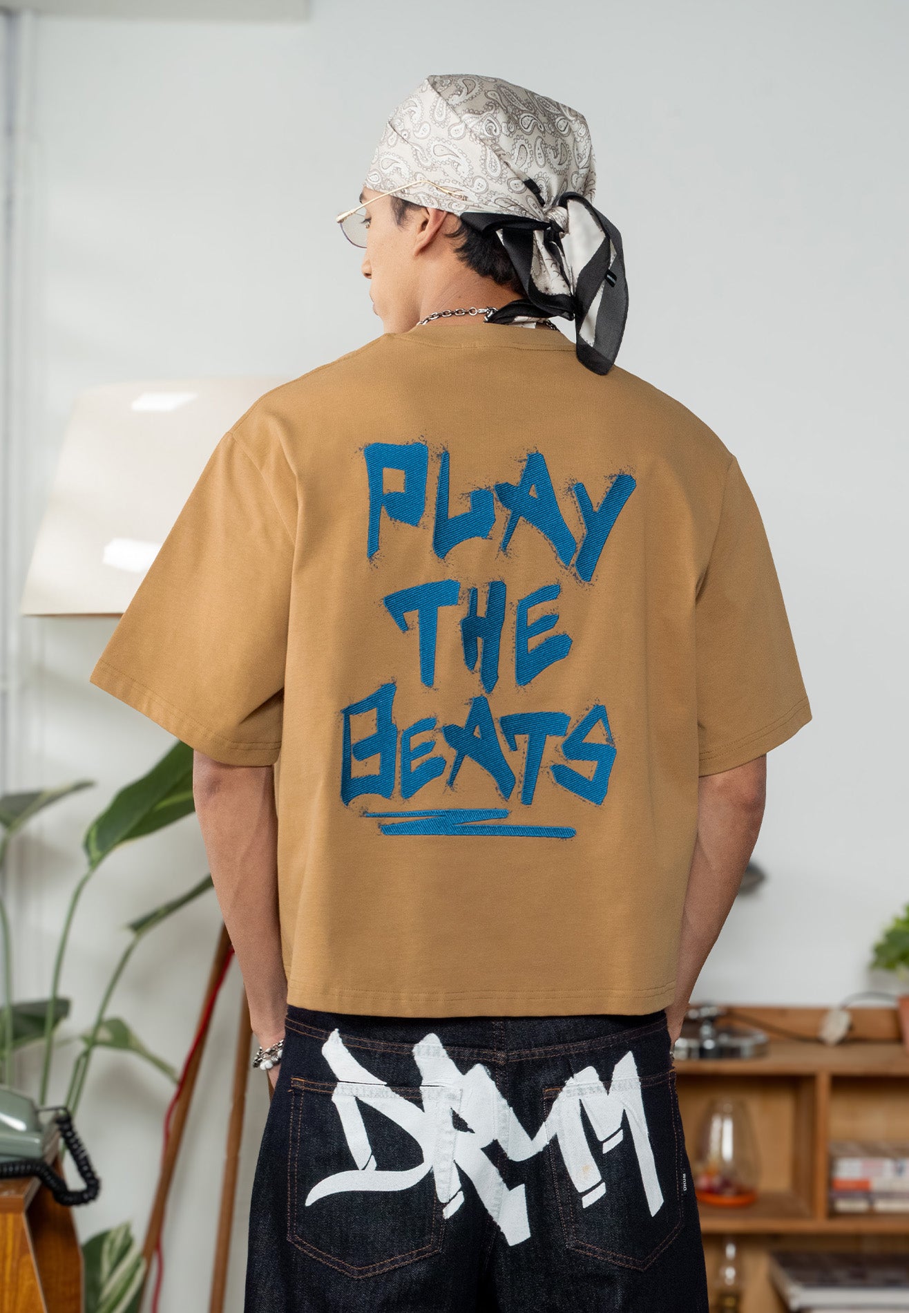 DRUM S. Slogan Hi-Density Print Oversized Boxy Tee- Light Khaki