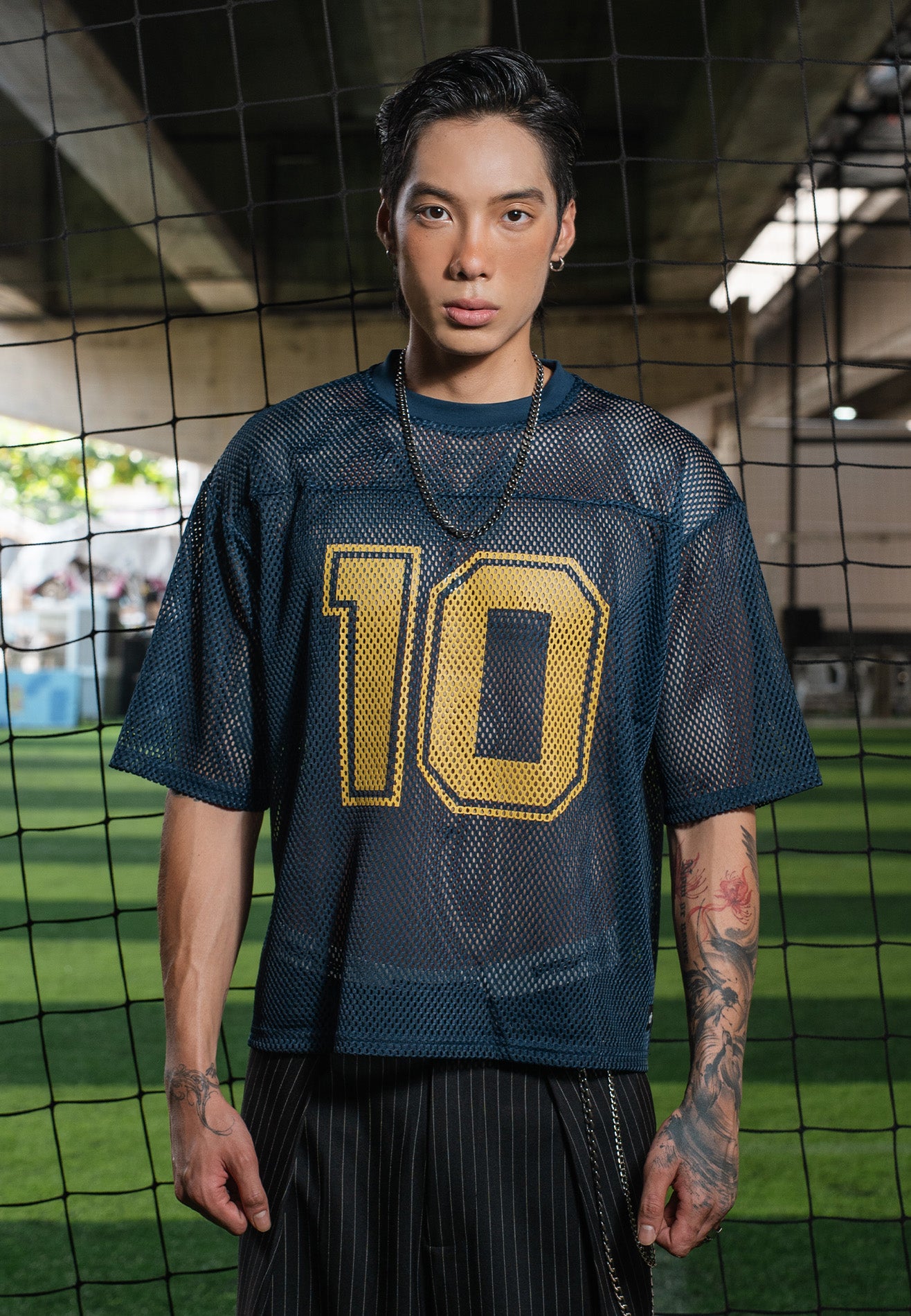 DRUM S. Football Collection No. 10 Oversized Boxy Mesh Tee - Navy