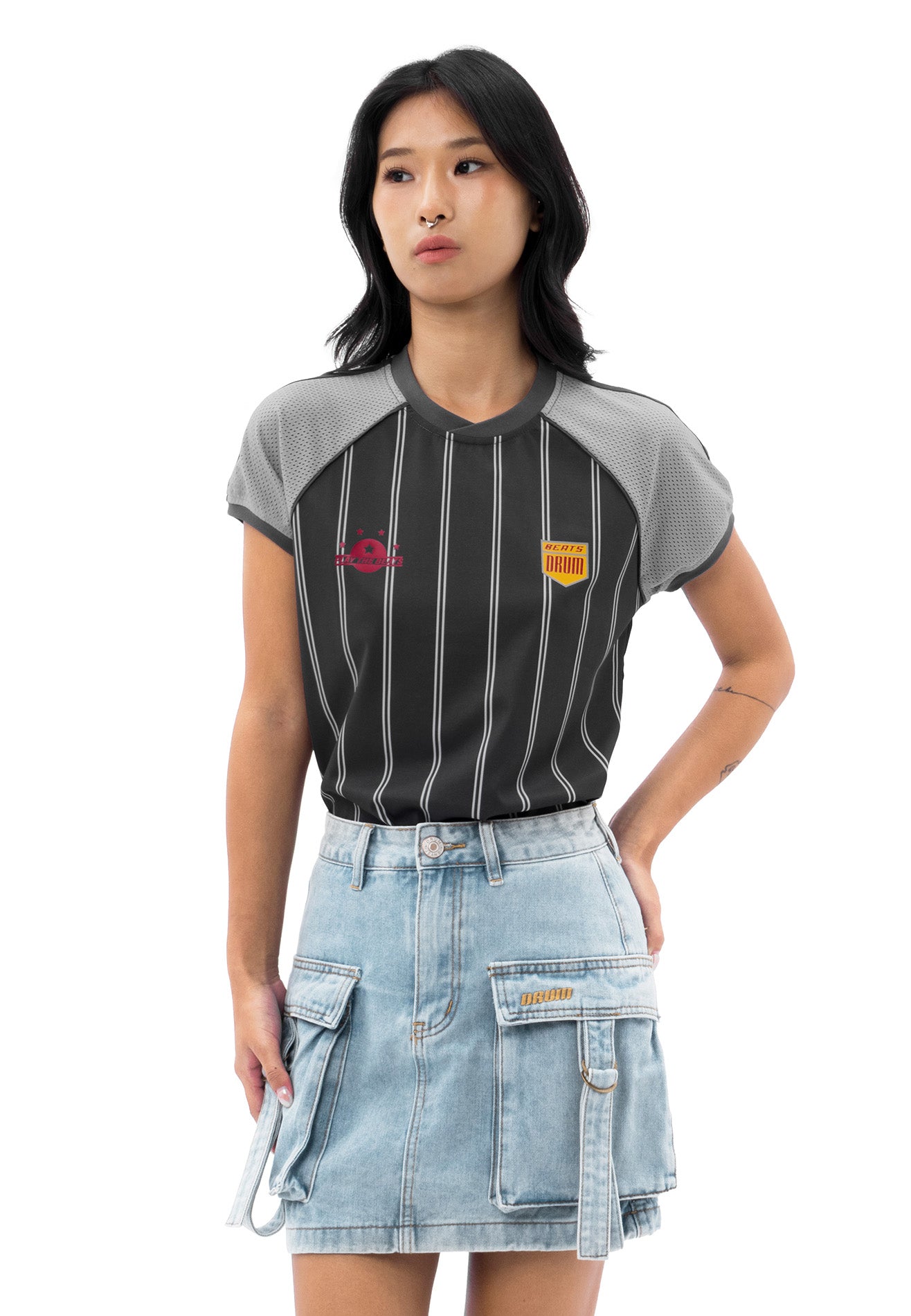 DRUM S. Ladies Raglan Mesh Sleeve Top- Dark Grey