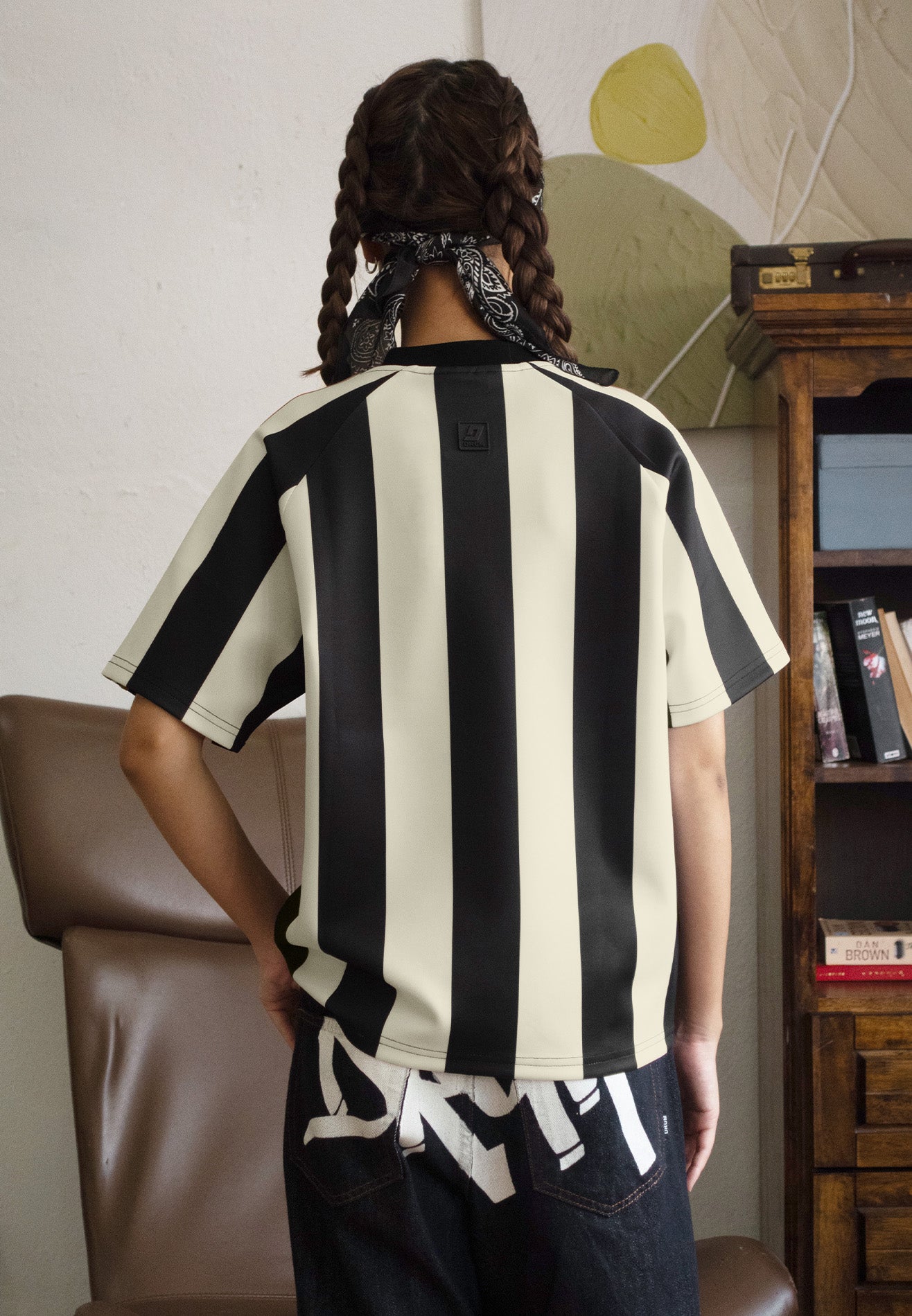 DRUM S. Ladies Digital Print Shoulder Stripe Jersey Top - White
