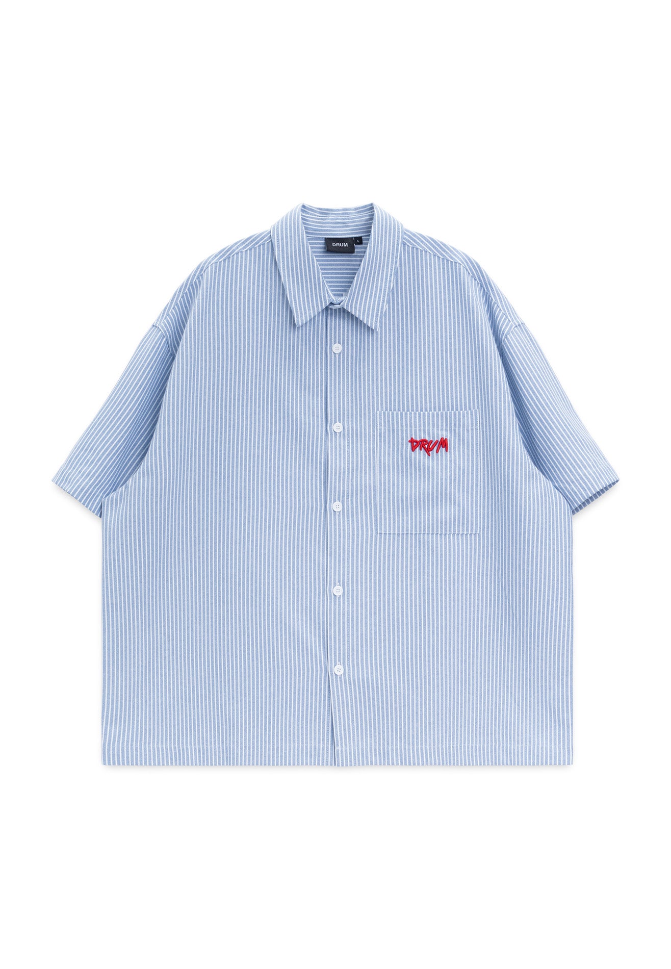 DRUM S. Vertical Stripe Short Sleeve Boxy Shirt-Light Blue