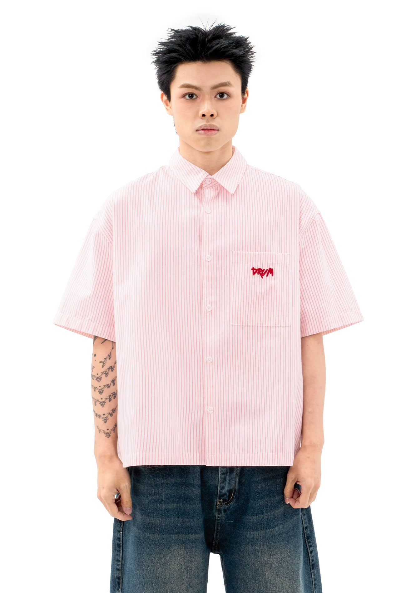 DRUM S. Vertical Stripe Short Sleeve Boxy Shirt- Red
