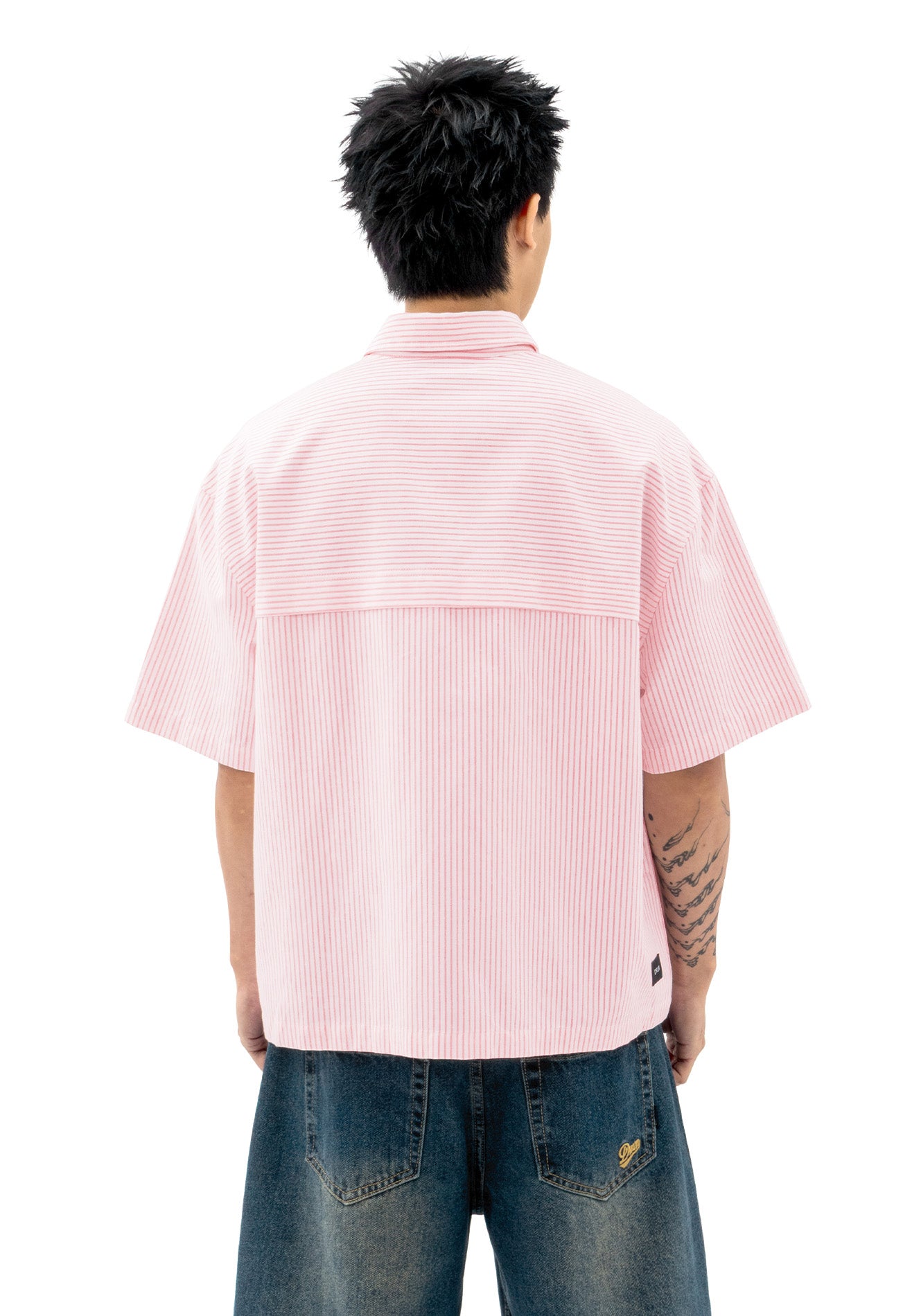 DRUM S. Vertical Stripe Short Sleeve Boxy Shirt- Red