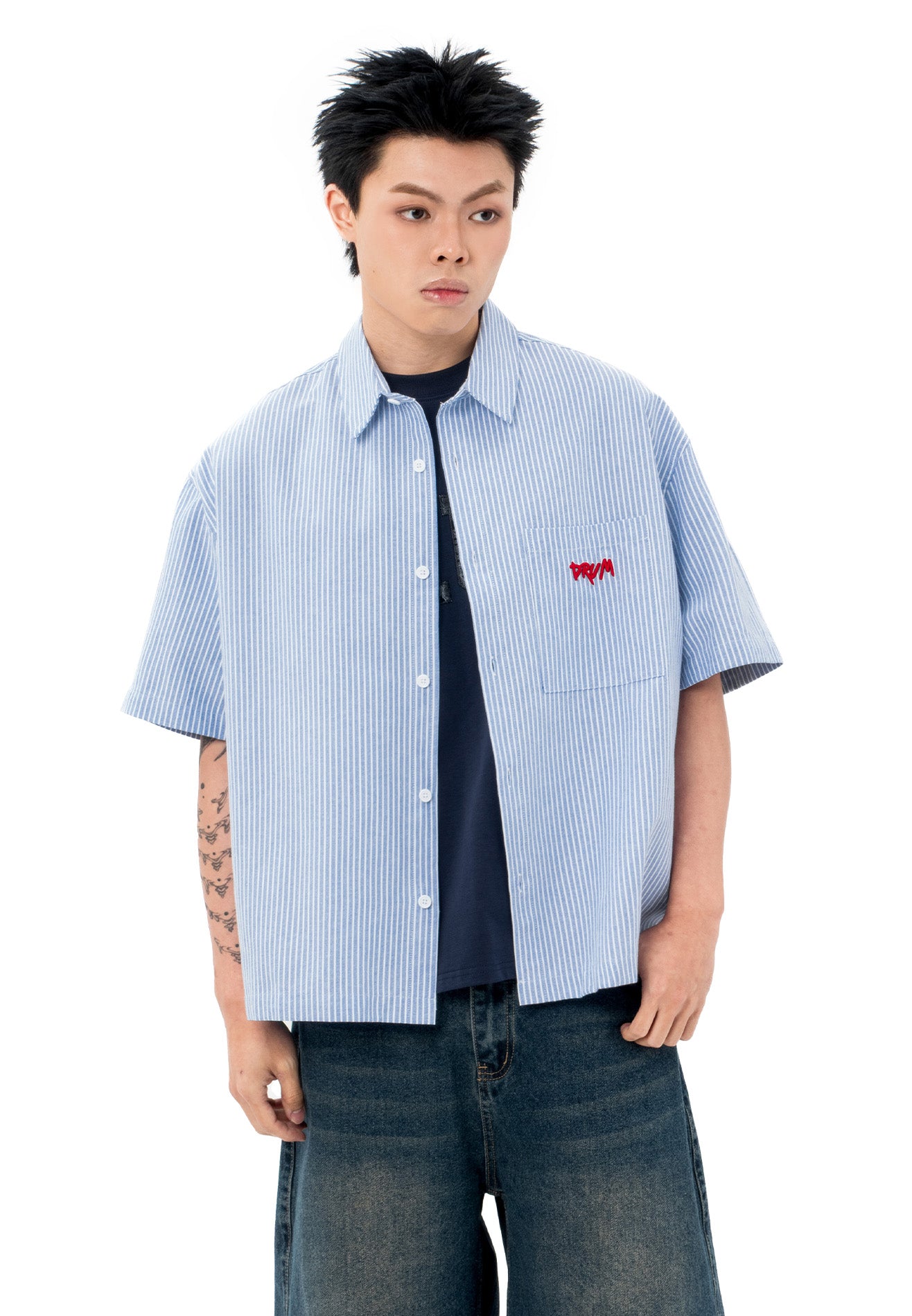 DRUM S. Vertical Stripe Short Sleeve Boxy Shirt-Light Blue