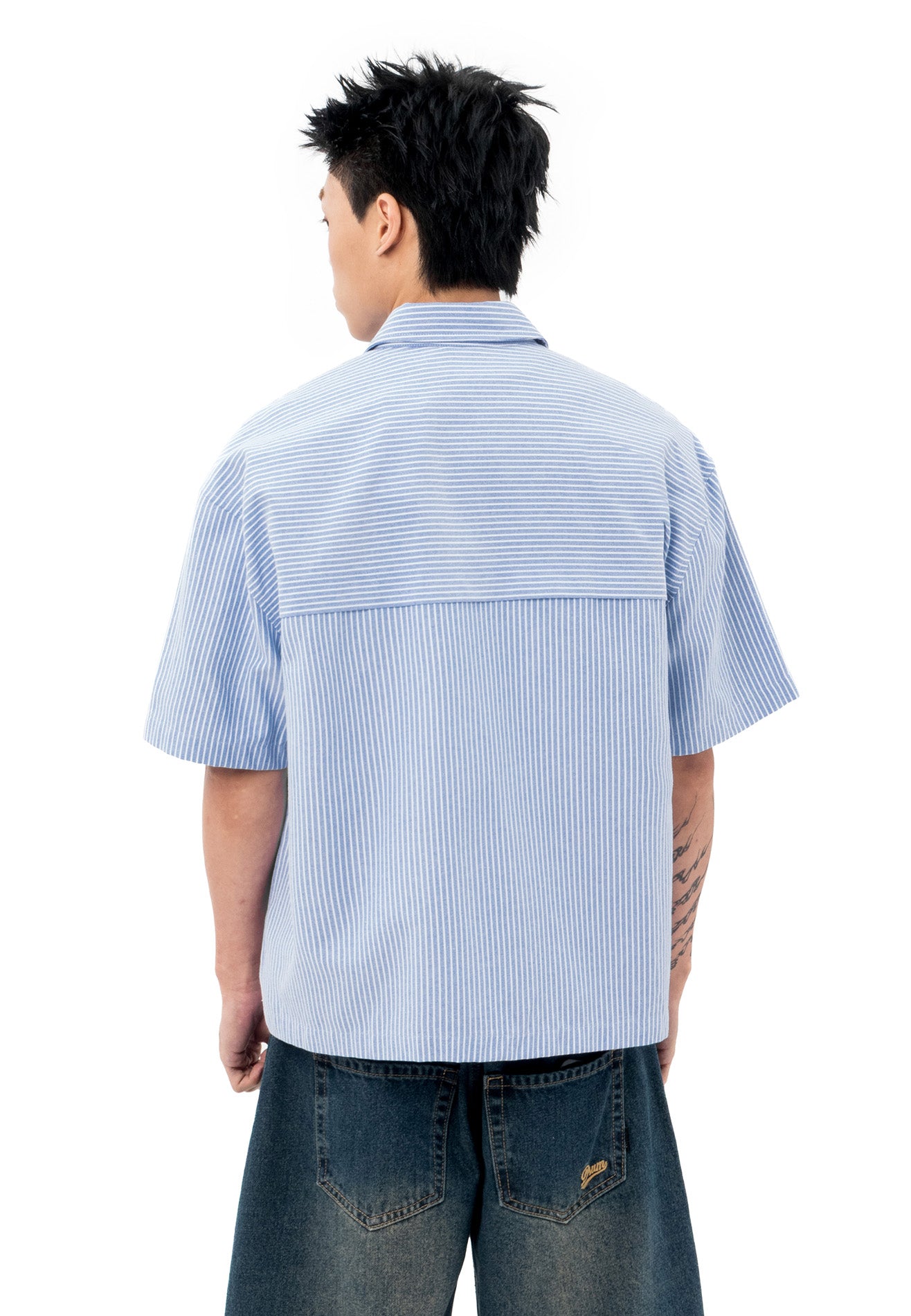 DRUM S. Vertical Stripe Short Sleeve Boxy Shirt-Light Blue