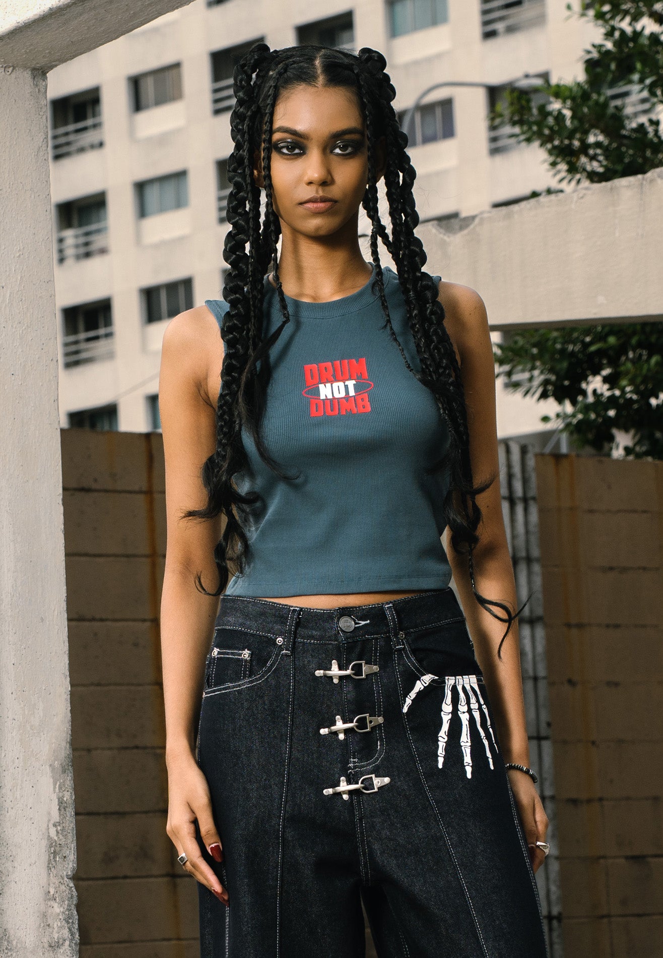 DRUM E. Woman Rubber Graphic Print Tank Crop Top- Grey Blue