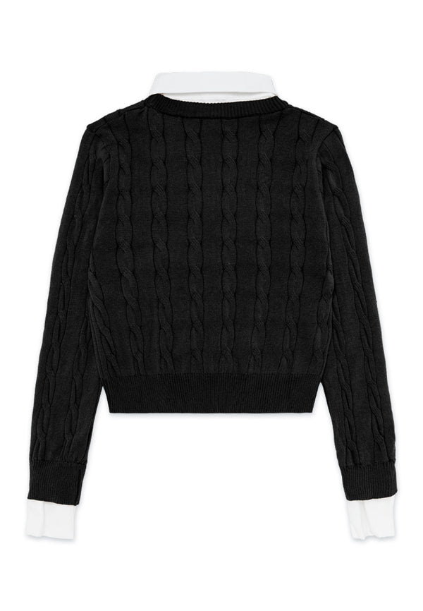 Two Tone Cable Knit 2 In 1 Cardigan- Black