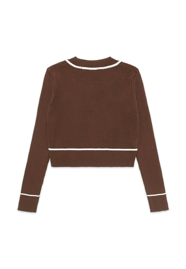 Contrast Details Long Sleeve Knit Top- Brown