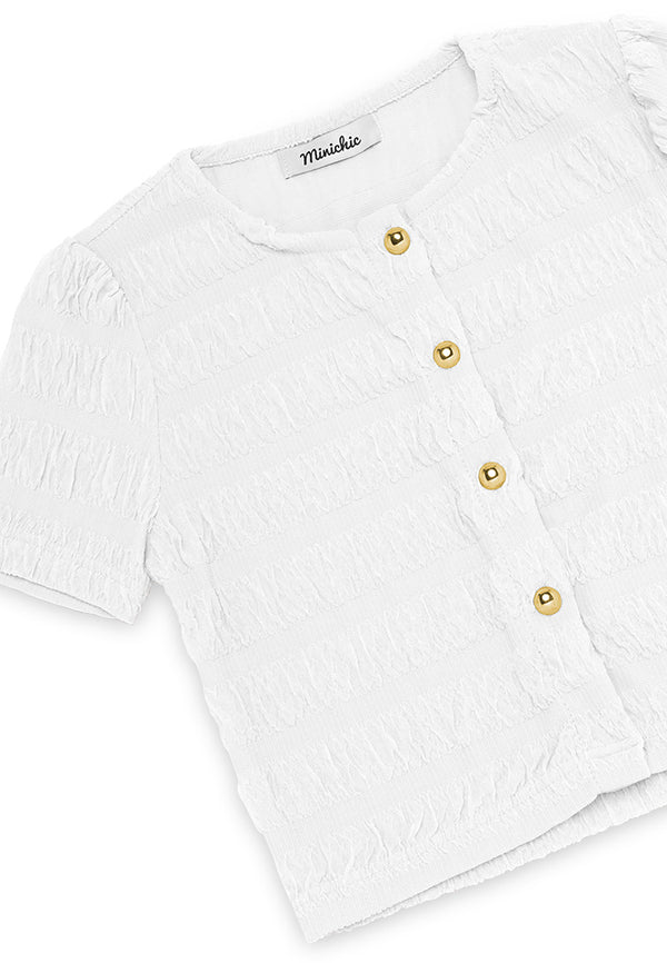 Ruffle Details Buttons Top- White