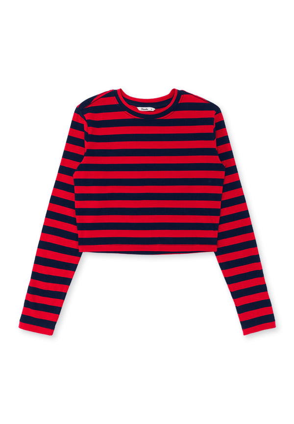 Stripe Long Sleeve Crop Top- Red