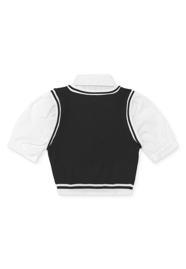 Attached Collar & Sleeve Details Knit Top- Black