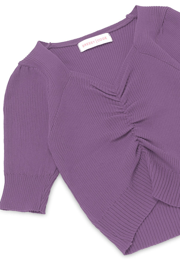 V Neck Short Sleeve Knitwear- Purple