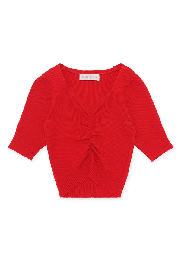 V Neck Short Sleeve Knitwear- Red