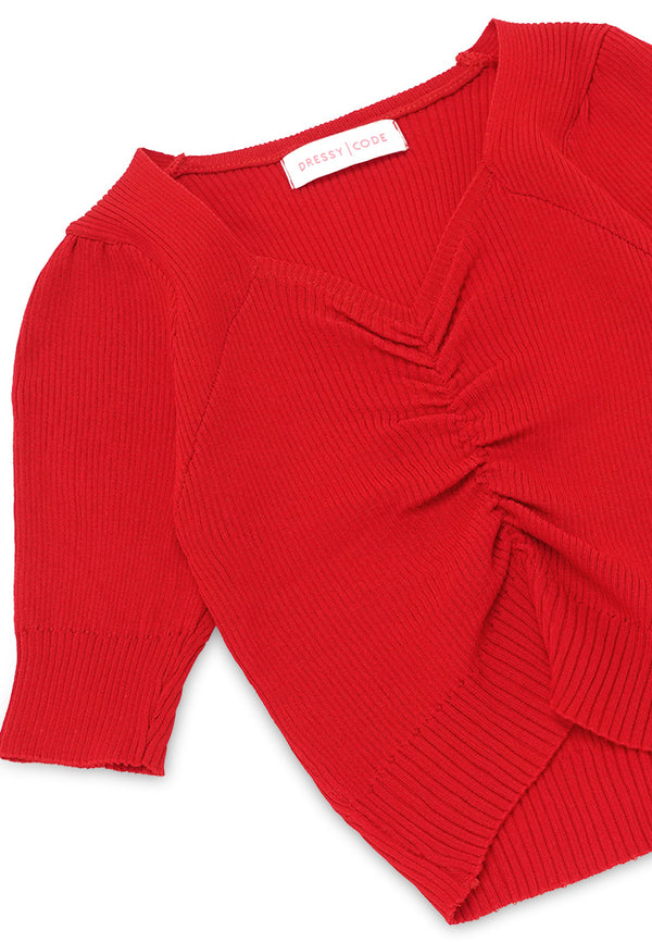 V Neck Short Sleeve Knitwear- Red