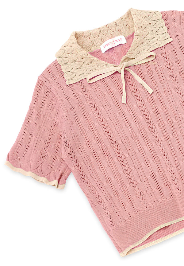 Polo Collar Knitwear Top- Pink