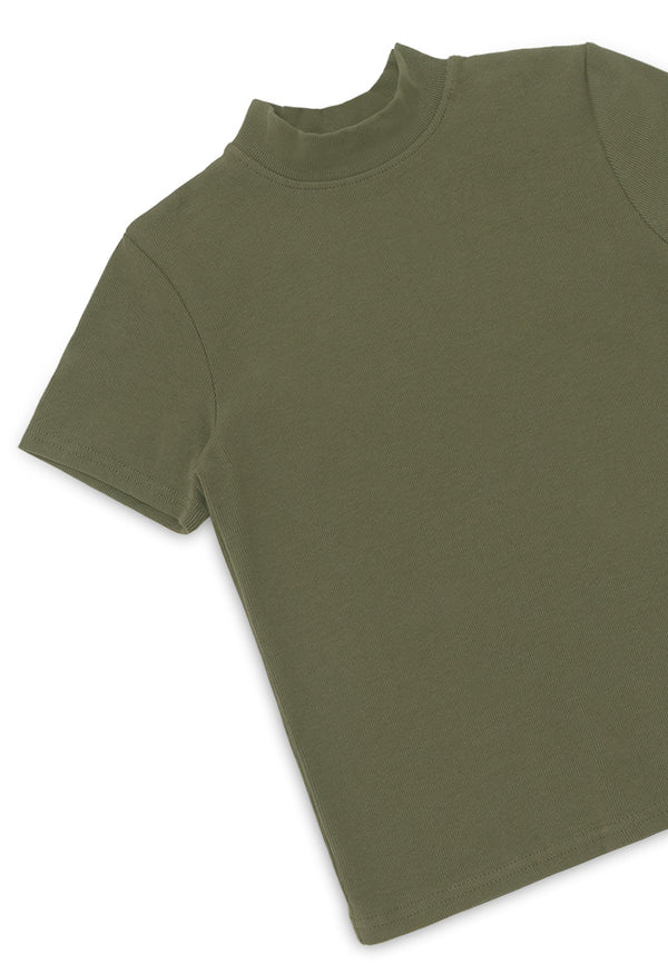 High Neck Comfy Short Sleeve Knit Top- Army Green