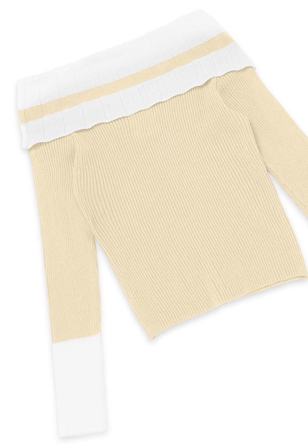 Off Shoulder Colour Block Long Sleeve Knit Top- Beige