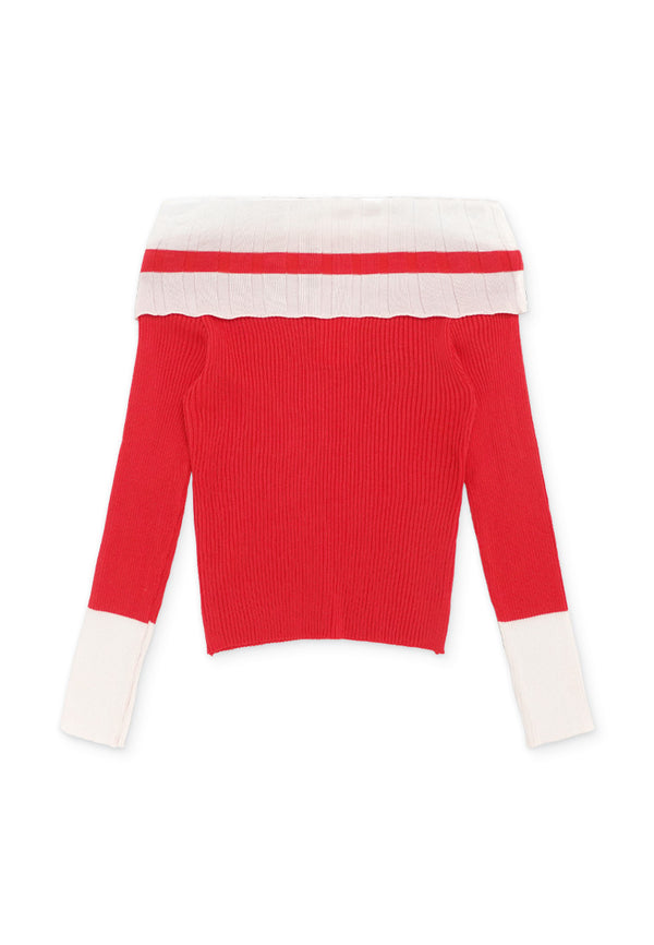 Off Shoulder Colour Block Long Sleeve Knit Top- Red