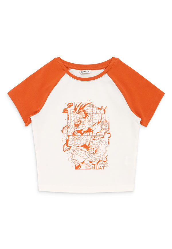 Raglan Sleeve Dragon Print Top- Orange