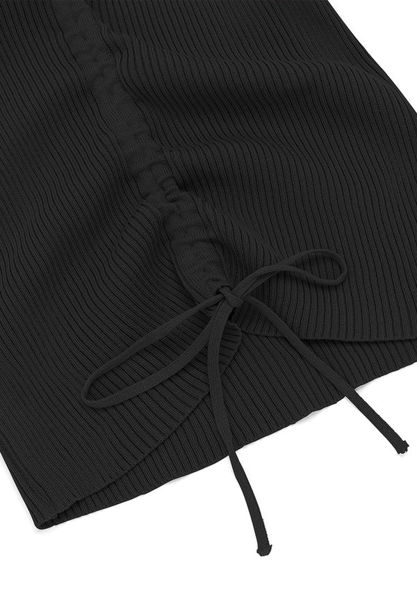 Center Drawstring Ruffle Sleeve Knit Top- Black