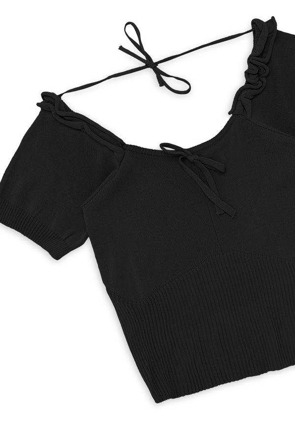 Self Tie Ribbed Short Sleeve Knit Top- Black