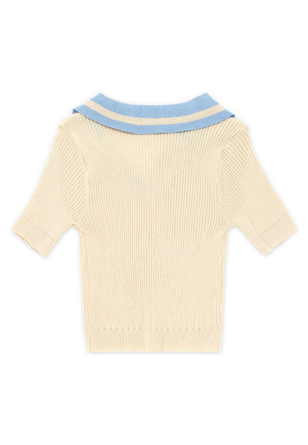 Contrast Polo Collar Knit Top- Beige
