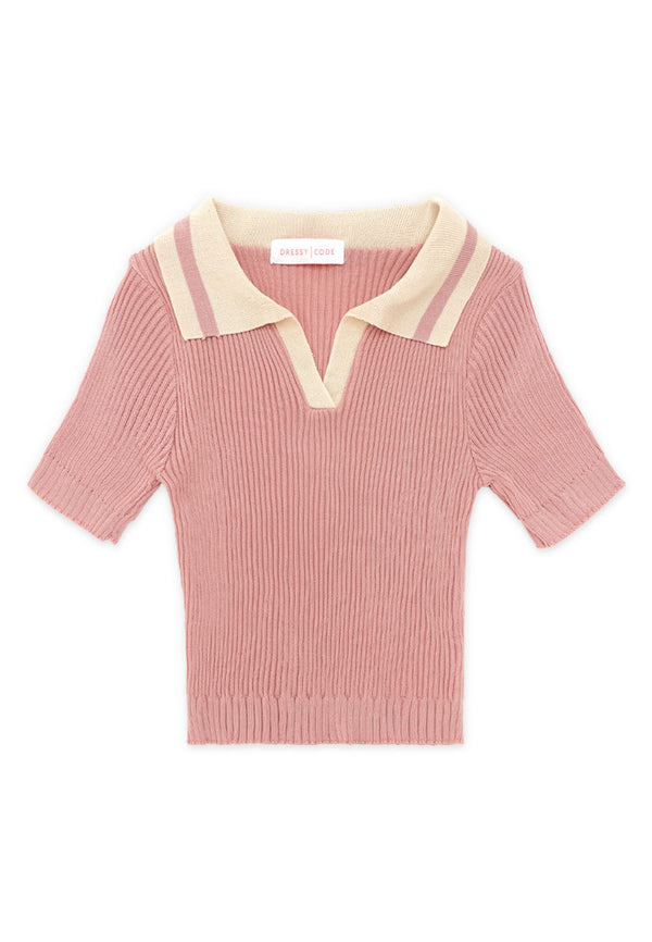 Contrast Polo Collar Knit Top- Pink