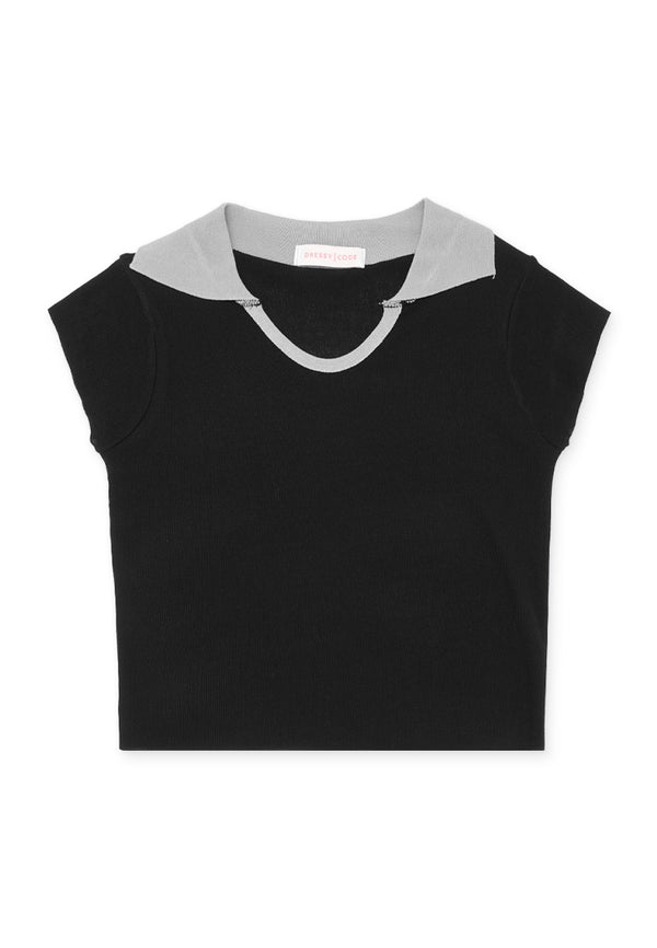 Mini Sleeve Collar Knit Top- Black