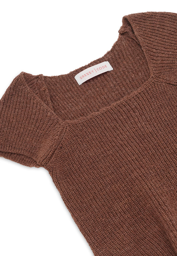 Square Neck Knit Top- Brown