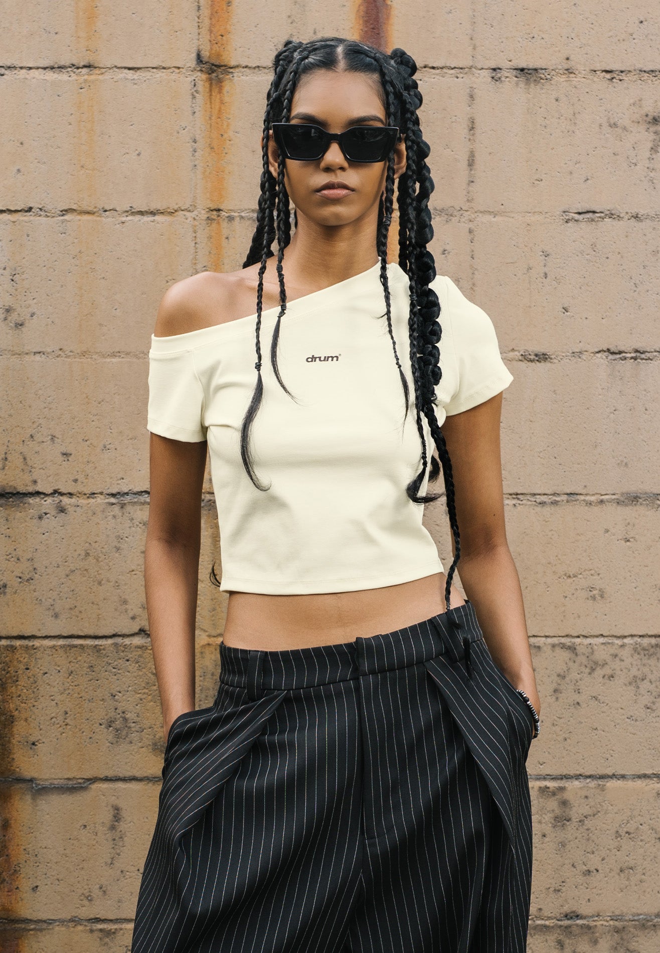 DRUM E. Women Asymmetrical Neckline Top- Beige