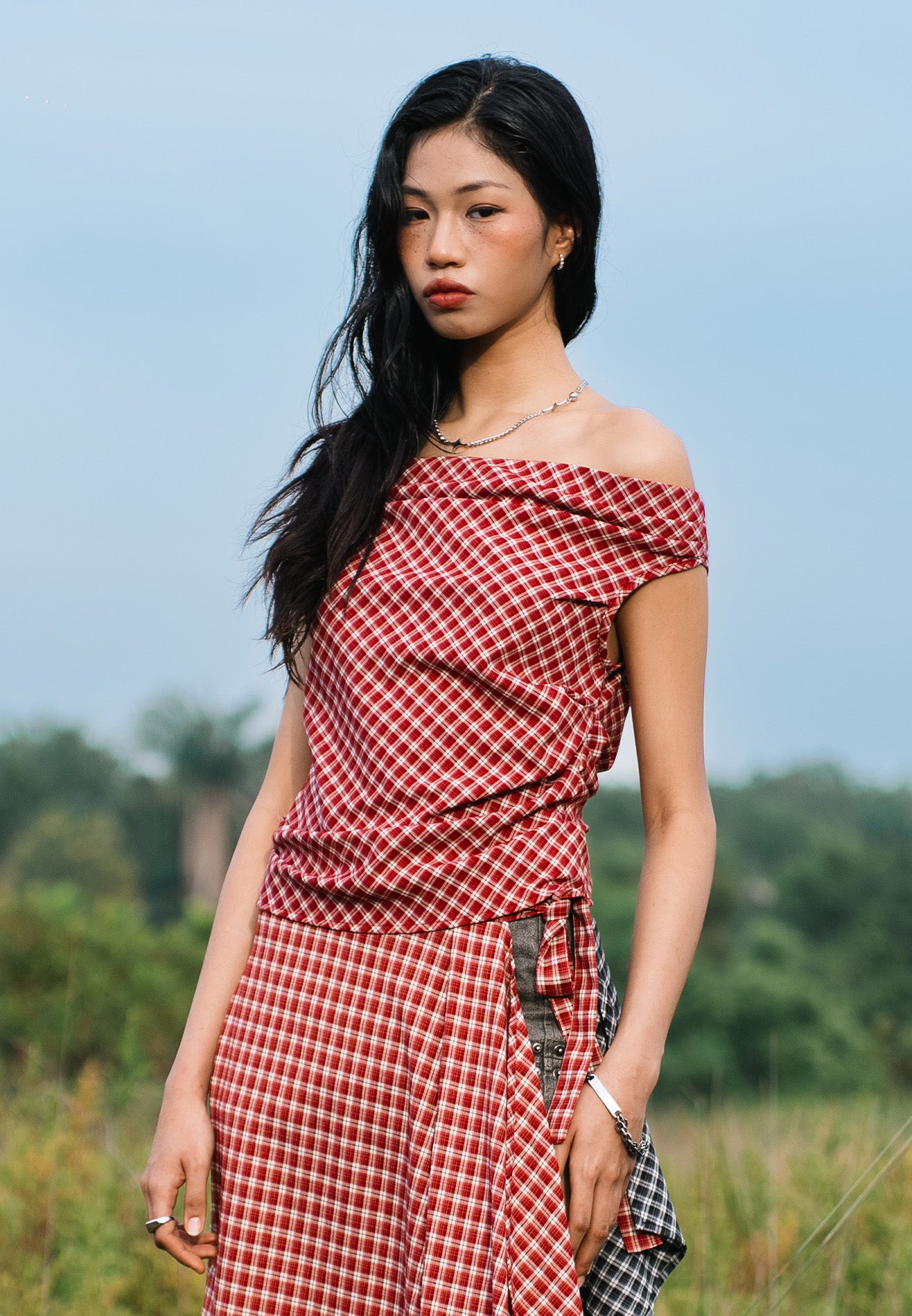 DRUM S. Women Checkmate Edition Off Shoulder Top- Red